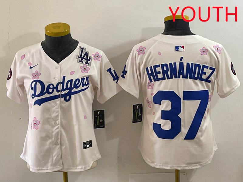 Youth Los Angeles Dodgers #37 Hernandez Cream Sakura Edition 2025 Nike MLB Jersey style 40